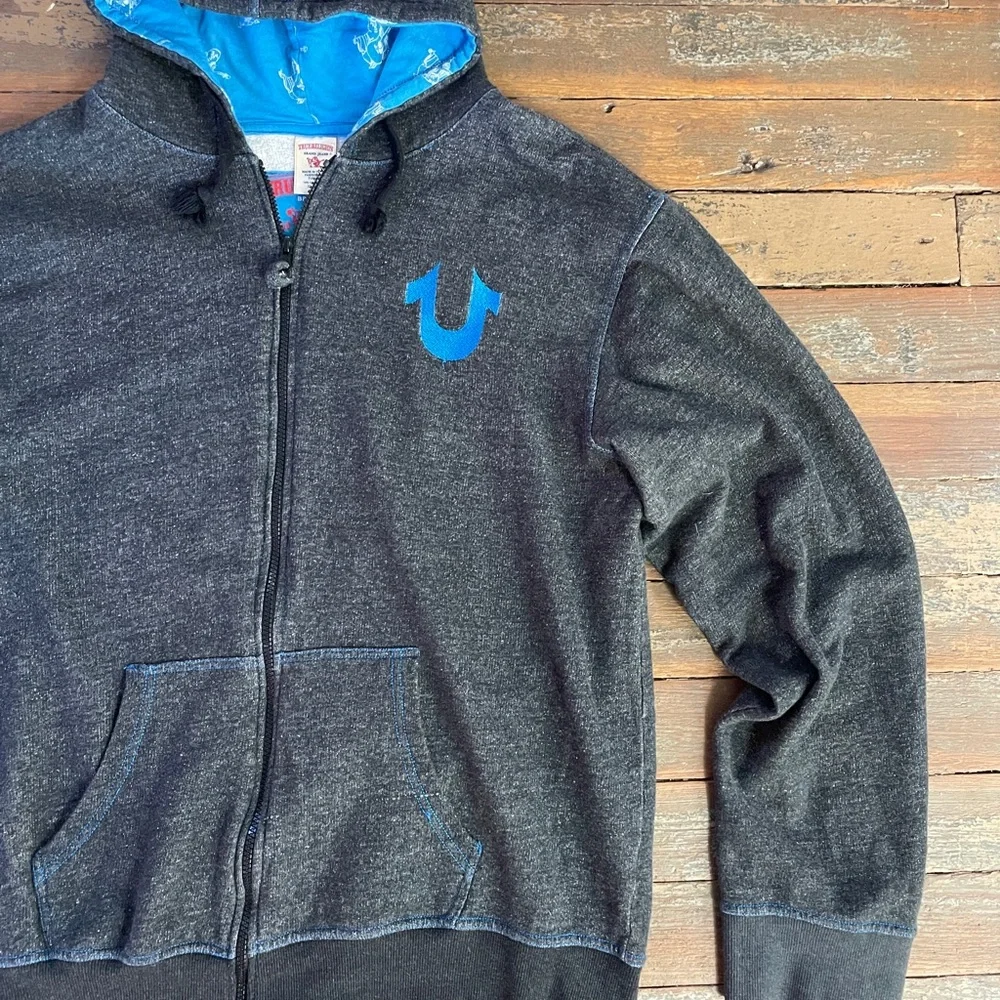 Y2K True Religion Raised Spellout Full Zip Hoodie Charcoal Blue Men’s 2XL🧡🎀